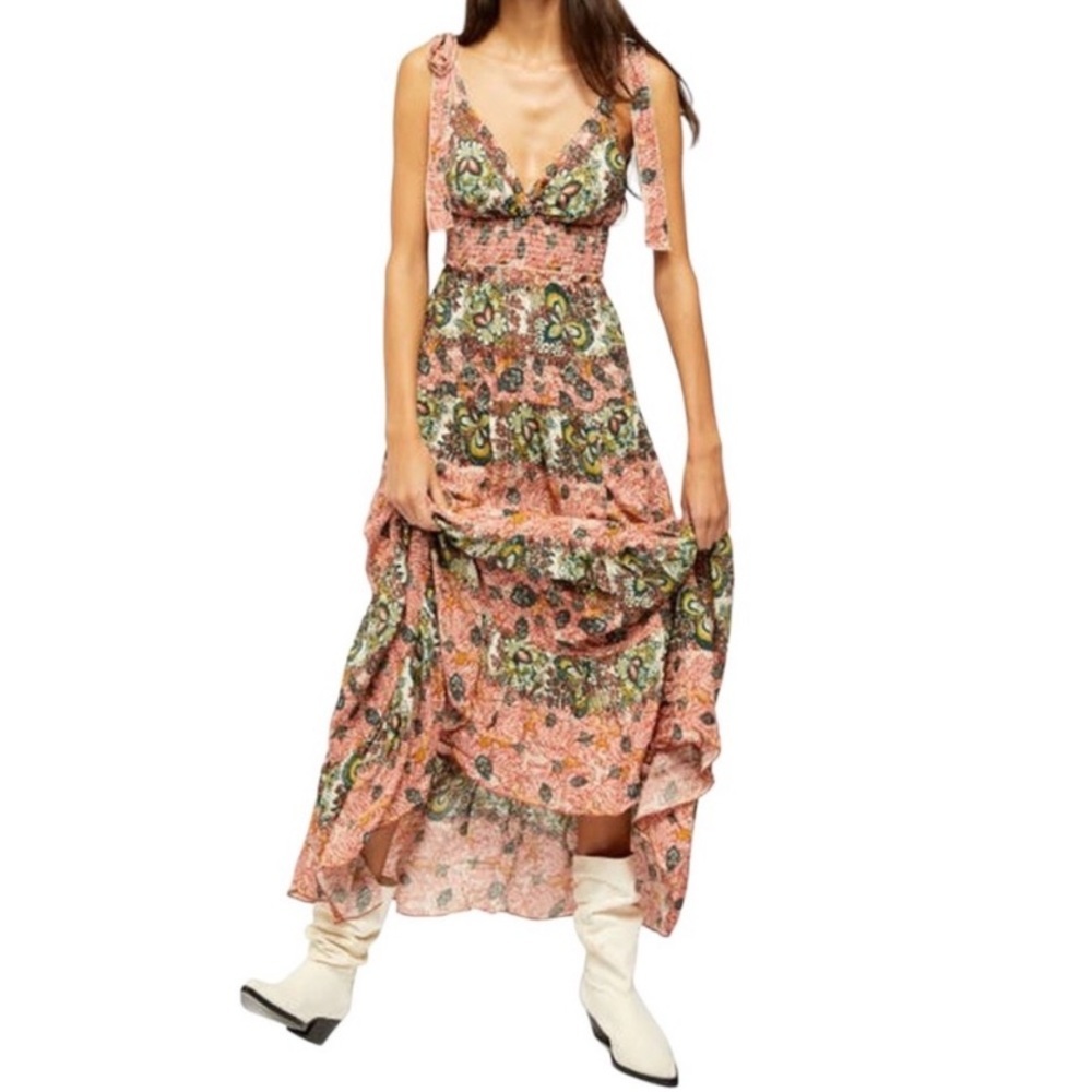 Free People Floral Tie-Shoulder Maxi Dress in Coral and Green
